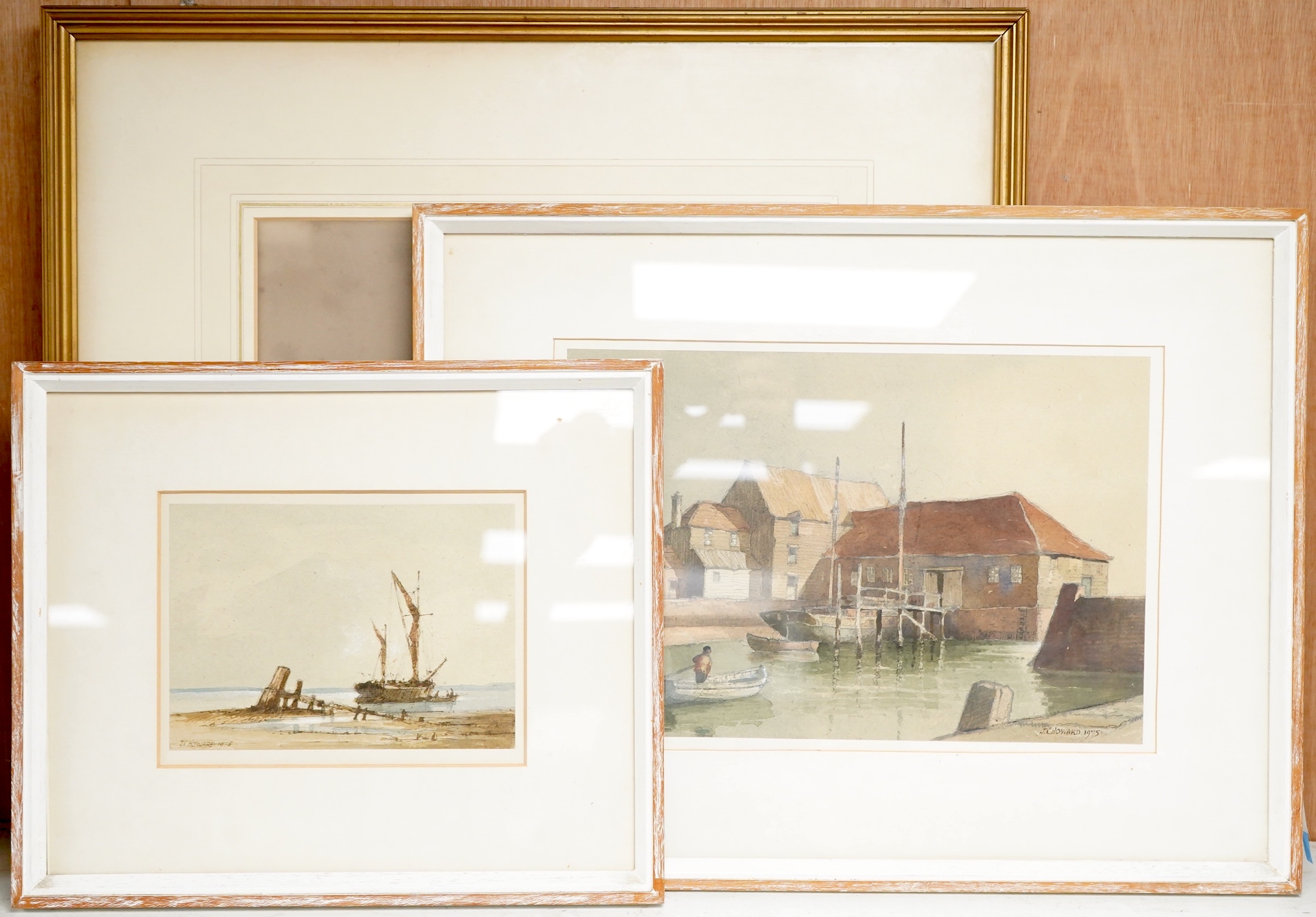 19th century English School, ‘An Austrian brig off Trieste’, watercolour, together with two other watercolours by J.C. Howard, one with Chichester House Gallery label verso, one with Appleby Brothers Ltd. label verso, la